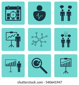Set Of 9 Management Icons. Includes Co-Working, Project Targets, Personal Character And Other Symbols. Beautiful Design Elements.