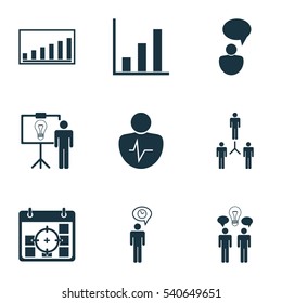 Set Of 9 Management Icons. Includes Opinion Analysis, Planning, Company Statistics And Other Symbols. Beautiful Design Elements.