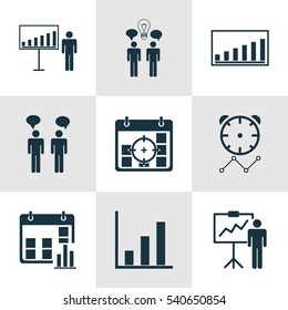 Set Of 9 Management Icons. Includes Team Meeting, Special Demonstration, Co-Working And Other Symbols. Beautiful Design Elements.