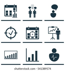 Set Of 9 Management Icons. Includes Project Targets, Approved Target, Company Statistics And Other Symbols. Beautiful Design Elements.