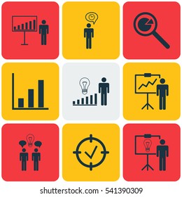 Set Of 9 Management Icons. Includes Planning, Special Demonstration, Project Presentation And Other Symbols. Beautiful Design Elements.