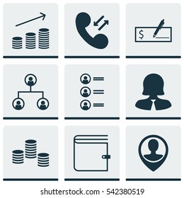 Set Of 9 Management Icons. Includes Money, Tree Structure, Employee Location And Other Symbols. Beautiful Design Elements.