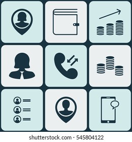Set Of 9 Management Icons. Includes Pin Employee, Cellular Data, Coins Growth And Other Symbols. Beautiful Design Elements.