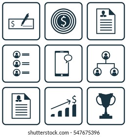 Set Of 9 Management Icons. Includes Female Application, Bank Payment, Tree Structure And Other Symbols. Beautiful Design Elements.