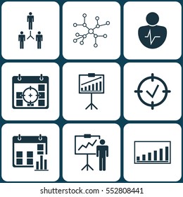 Set Of 9 Management Icons. Includes Personal Character, Presentation Date, Report Demonstration And Other Symbols. Beautiful Design Elements.