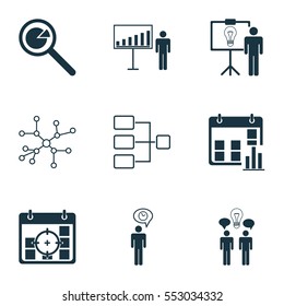 Set Of 9 Management Icons. Includes Co-Working, System Structure, Project Analysis And Other Symbols. Beautiful Design Elements.