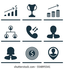 Set Of 9 Management Icons. Includes Business Goal, Tournament, Successful Investment And Other Symbols. Beautiful Design Elements.
