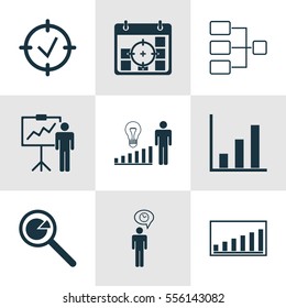 Set Of 9 Management Icons. Includes Project Analysis, Decision Making, Planning And Other Symbols. Beautiful Design Elements.