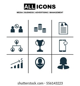 Set Of 9 Management Icons. Includes Business Woman, Messaging, Tournament And Other Symbols. Beautiful Design Elements.