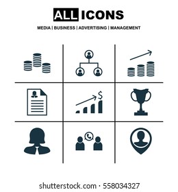Set Of 9 Management Icons. Includes Female Application, Phone Conference, Employee Location And Other Symbols. Beautiful Design Elements.
