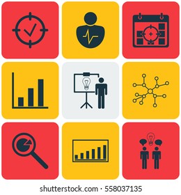 Set Of 9 Management Icons. Includes Co-Working, Project Analysis, Approved Target And Other Symbols. Beautiful Design Elements.