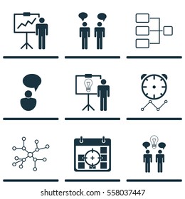 Set Of 9 Management Icons. Includes Project Targets, Opinion Analysis, Conversation And Other Symbols. Beautiful Design Elements.
