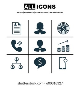 Set Of 9 Management Icons. Includes Business Goal, Cellular Data, Business Deal And Other Symbols. Beautiful Design Elements.