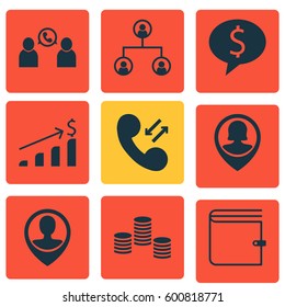 Set Of 9 Management Icons. Includes Business Deal, Phone Conference, Cellular Data And Other Symbols. Beautiful Design Elements.