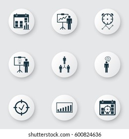 Set Of 9 Management Icons. Includes Project Targets, Approved Target, Group Organization And Other Symbols. Beautiful Design Elements.