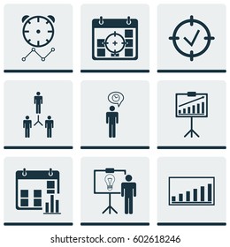 Set Of 9 Management Icons. Includes Reminder, Project Targets, Presentation Date And Other Symbols. Beautiful Design Elements.