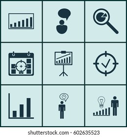 Set Of 9 Management Icons. Includes Company Statistics, Approved Target, Decision Making And Other Symbols. Beautiful Design Elements.