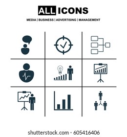Set Of 9 Management Icons. Includes Personal Character, Bar Chart, Special Demonstration And Other Symbols. Beautiful Design Elements.