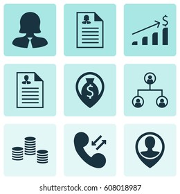 Set Of 9 Management Icons. Includes Female Application, Business Woman, Successful Investment And Other Symbols. Beautiful Design Elements.