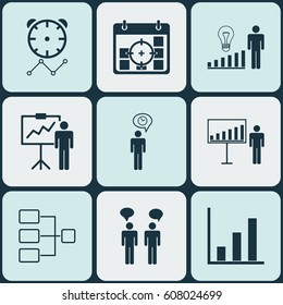 Set Of 9 Management Icons. Includes Decision Making, System Structure, Team Meeting And Other Symbols. Beautiful Design Elements.