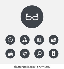 Set Of 9 Management Icons Set.Collection Of Id Card, Spectacles, Building And Other Elements.