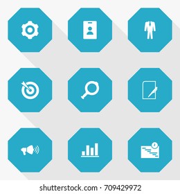 Set Of 9 Management Icons Set.Collection Of Id Card, Clothes, Mechanism And Other Elements.