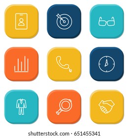 Set Of 9 Management Outline Icons Set.Collection Of Clock, Handshake, Handset Elements.