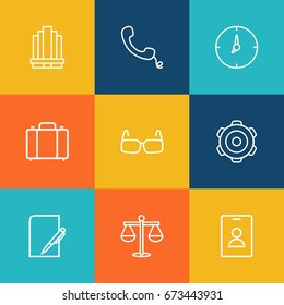 Set Of 9 Management Outline Icons Set.Collection Of Badge, Portfolio, Paper And Other Elements.