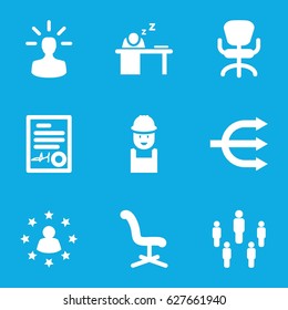 set of 9 manager filled icons such as office chair, worker, man sleeping on table, signed document 