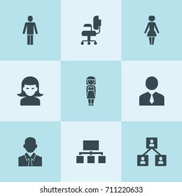 Set of 9 manager filled icons such as businessman, woman, chair, man