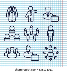 Set of 9 manager outline icons such as businessman, jacket, male consultant   with case, woman consultant with case, user group, user surrounded by stars, user, structure