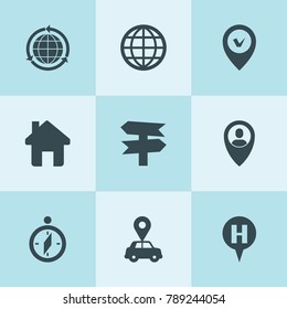 Set of 9 map filled icons such as car pin, user location, globe, hospital location, home, signpost, pin
