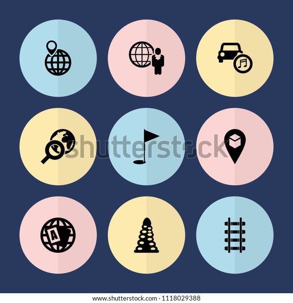 Set of 9 map filled icons such as\
tunnel, globe, car music, gold flag, globe search,\
railway