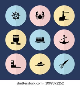 Set of 9 marine filled icons such as anchor, helm, cargo ship, ship, harbor, lighthouse, extinct sea creature