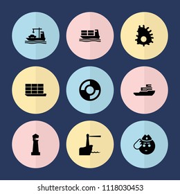 Set of 9 marine filled icons such as lighthouse, soldier emot, cargo ship, lifebuoy, boat