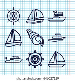 Set of 9 marine outline icons such as helm, boat, ship, sailboat