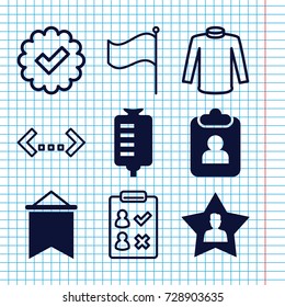 Set of 9 mark filled and outline icons such as drop counter, favourite user, flag, sweater, clipboard, check list, tick