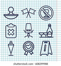 Set of 9 mark outline icons such as champagne and wine glasses, wet floor, flag, no alcohol, heart ribbon, office chair, stamp