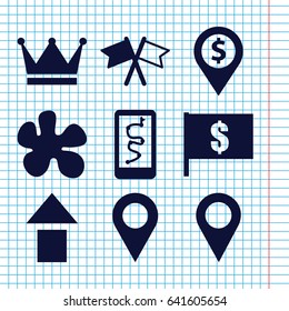 Set of 9 marker filled icons such as flag, location pin, crown, paintball, location, flag with dollar, arrow up, dollar location