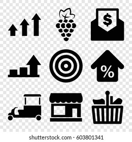 Set of 9 market filled icons such as grape, store, fast food cart, mortgage, graph, shopping bag, envelope with dollar bill