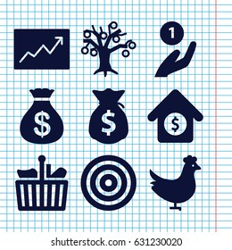 Set of 9 market filled icons such as chicken, money sack, line graph, house sale, money sack, shopping bag, coin on hand, money tree
