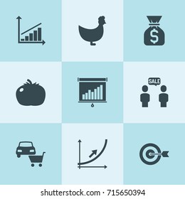 Set of 9 market filled icons such as chicken, tomato, car shop, money sack, graph on board, increase line graph, graph chart, sale