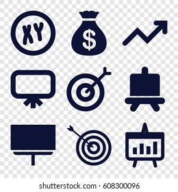 set of 9 marketing filled icons such as board, Money sack, target, graph, chart