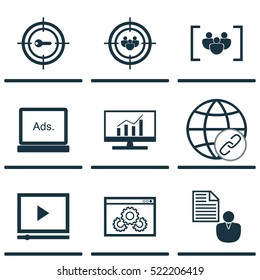 Set Of 9 Marketing Icons. Can Be Used For Web, Mobile, UI And Infographic Design. Includes Elements Such As Display, Bulding, Comprehensive And More.