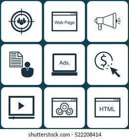 Set Of 9 Marketing Icons. Can Be Used For Web, Mobile, UI And Infographic Design. Includes Elements Such As Advertising, Pay, Brief And More.