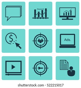 Set Of 9 Marketing Icons. Can Be Used For Web, Mobile, UI And Infographic Design. Includes Elements Such As Digital, Display, Analytics And More.