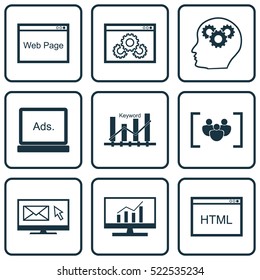 Set Of 9 Marketing Icons. Can Be Used For Web, Mobile, UI And Infographic Design. Includes Elements Such As Creativity, Email, Display And More.