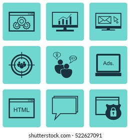 Set Of 9 Marketing Icons. Can Be Used For Web, Mobile, UI And Infographic Design. Includes Elements Such As Code, Performance, Dynamics And More.