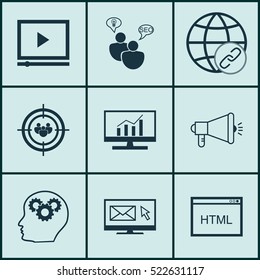 Set Of 9 Marketing Icons. Can Be Used For Web, Mobile, UI And Infographic Design. Includes Elements Such As Research, Focus, Plan And More.