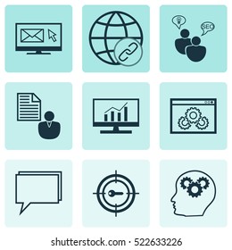 Set Of 9 Marketing Icons. Can Be Used For Web, Mobile, UI And Infographic Design. Includes Elements Such As Research, Target, Creativity And More.